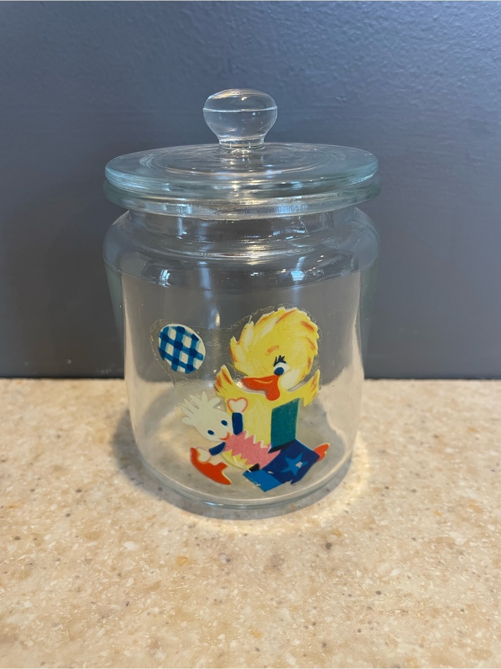 Vintage Glass Nursery Jar Yellow Duck Storage Gift Baby Shower Kitschy MCM
